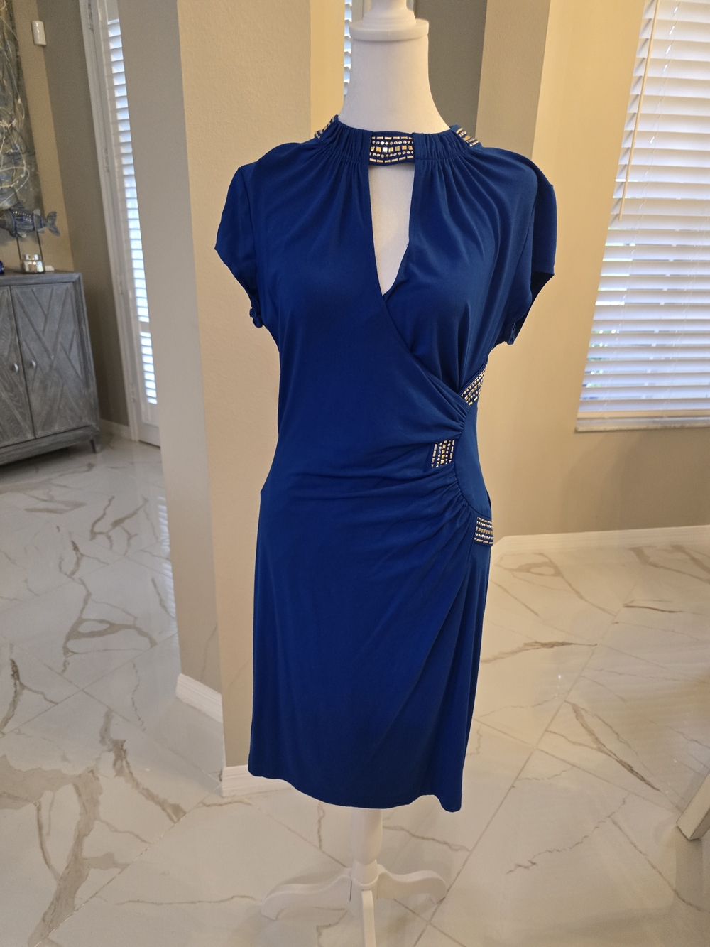 Cache Royal Blue Embellished Faux-Wrap Midi Dress